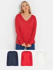 Long Tall Sally Red V-Neck 100% Cotton T-Shirts 3 Pack - Image 1 of 7