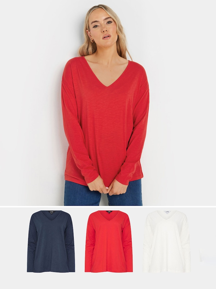 Long Tall Sally Red V-Neck 100% Cotton T-Shirts 3 Pack - Image 1 of 7
