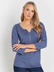 Long Tall Sally Blue Pintuck Henley 100% Cotton Top - Image 1 of 5
