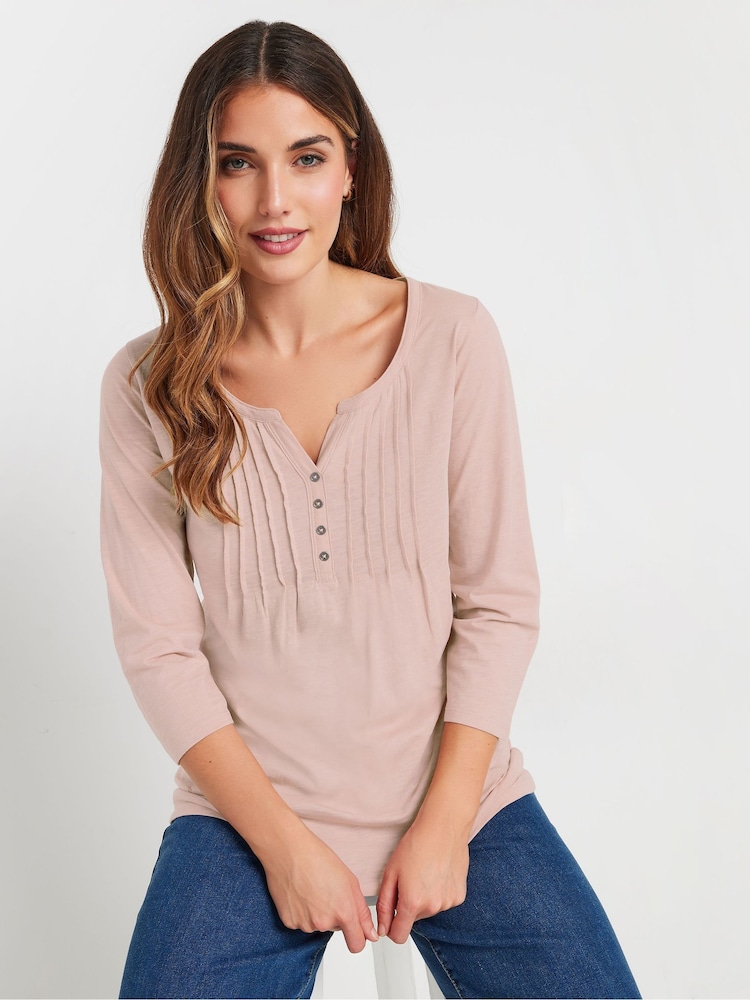 Long Tall Sally Pink Pintuck Henley 100% Cotton Top - Image 1 of 5
