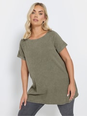 Yours Curve Khaki Green Boat Neck Ribbed Swing T-Shirt - Image 1 of 5