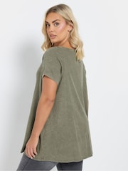 Yours Curve Khaki Green Boat Neck Ribbed Swing T-Shirt - Image 3 of 5