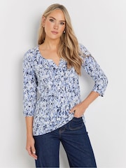 Long Tall Sally Blue Pintuck Henley 100% Cotton Top - Image 1 of 5