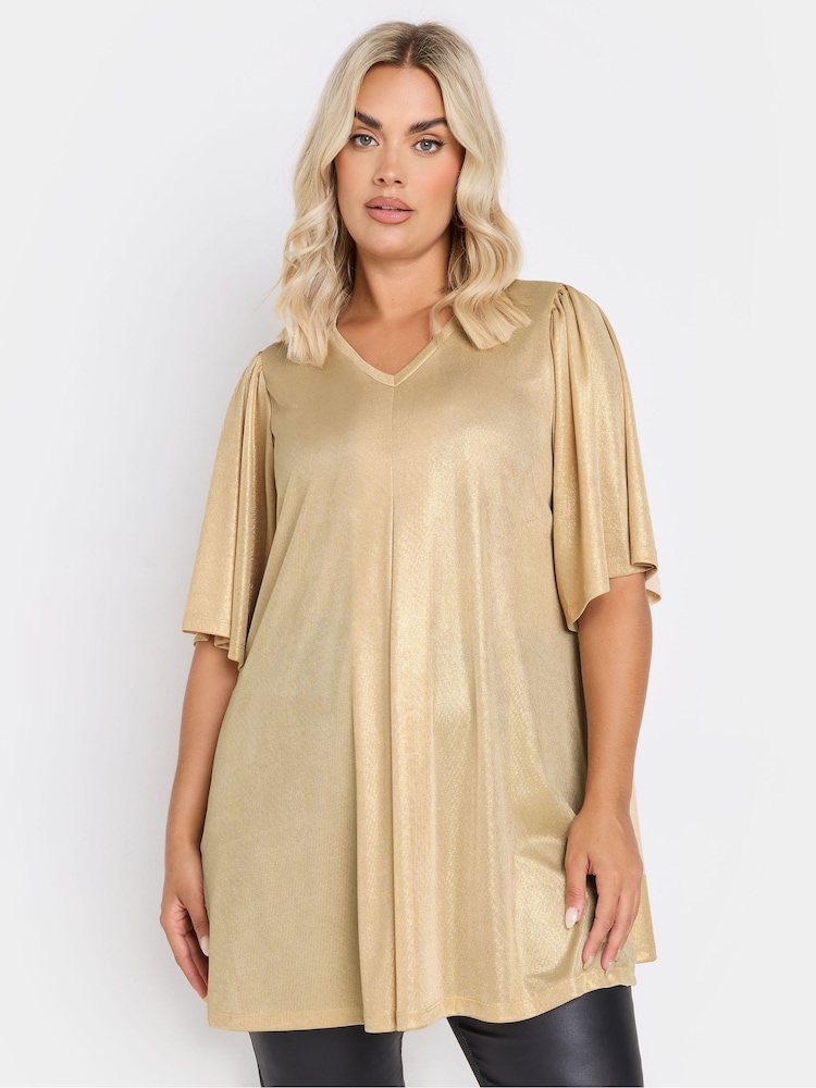 Yours Curve Gold Metallic Pleat Front Top - Image 1 of 5