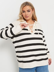 Yours Curve Black Lattice Neck Stripe Jumper - Image 1 of 5