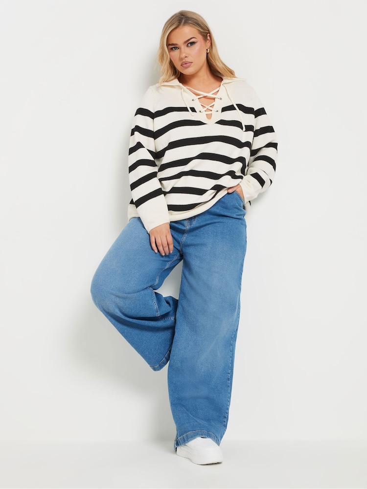 Yours Curve Black Lattice Neck Stripe Jumper - Image 2 of 5