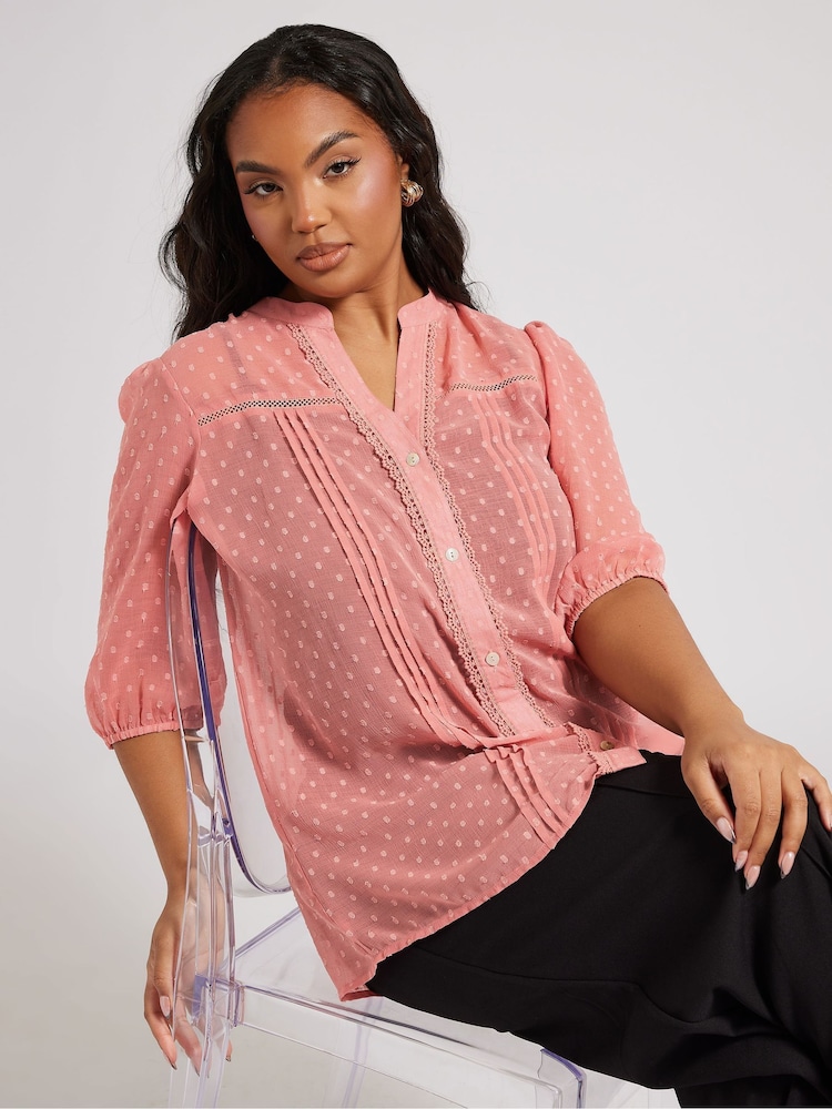 Yours Curve Pink London Dobby Crochet Pleated Blouse - Image 1 of 6