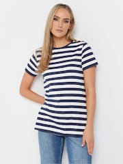 Long Tall Sally Blue Stripe Button Shoulder 100% Cotton T-Shirt - Image 1 of 5