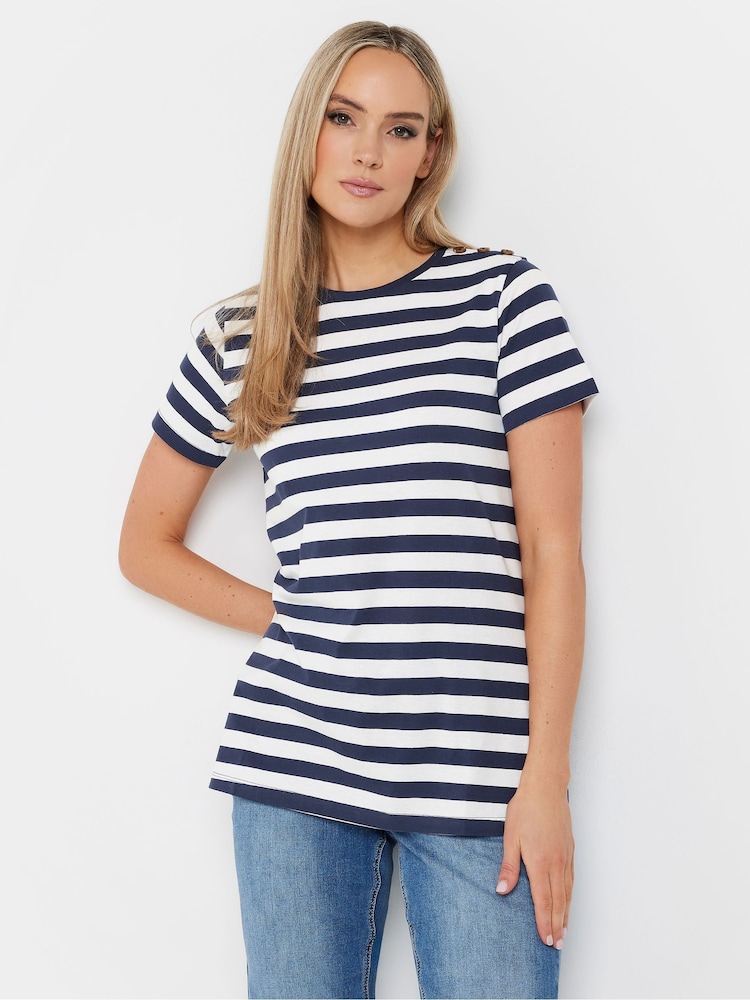 Long Tall Sally Blue Stripe Button Shoulder 100% Cotton T-Shirt - Image 1 of 5