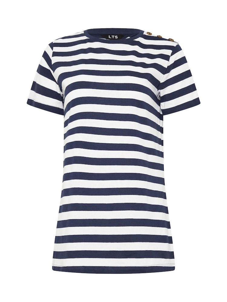 Long Tall Sally Blue Stripe Button Shoulder 100% Cotton T-Shirt - Image 5 of 5