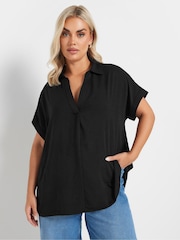 Yours Curve Black Collar Pleated Front Short Sleeve Blouse - Image 1 of 5