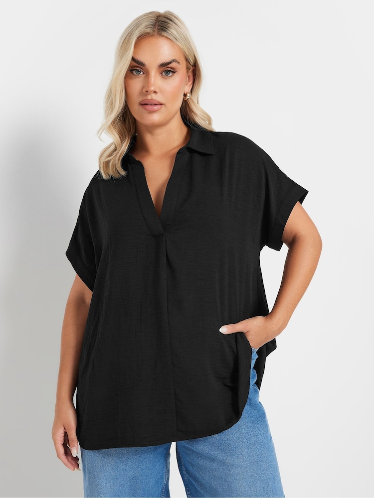 Yours Curve Black Collar Pleated Front Short Sleeve Blouse - Image 1 of 5