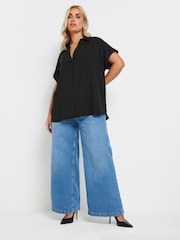 Yours Curve Black Collar Pleated Front Short Sleeve Blouse - Image 2 of 5