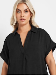 Yours Curve Black Collar Pleated Front Short Sleeve Blouse - Image 4 of 5