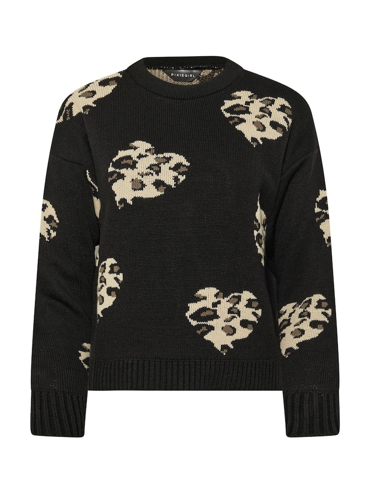 PixieGirl Petite Black Leopard Print Heart Jumper - Image 5 of 5