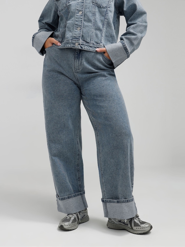 Yours Curve Blue Limited Fold Over Jeans - Image 1 of 4