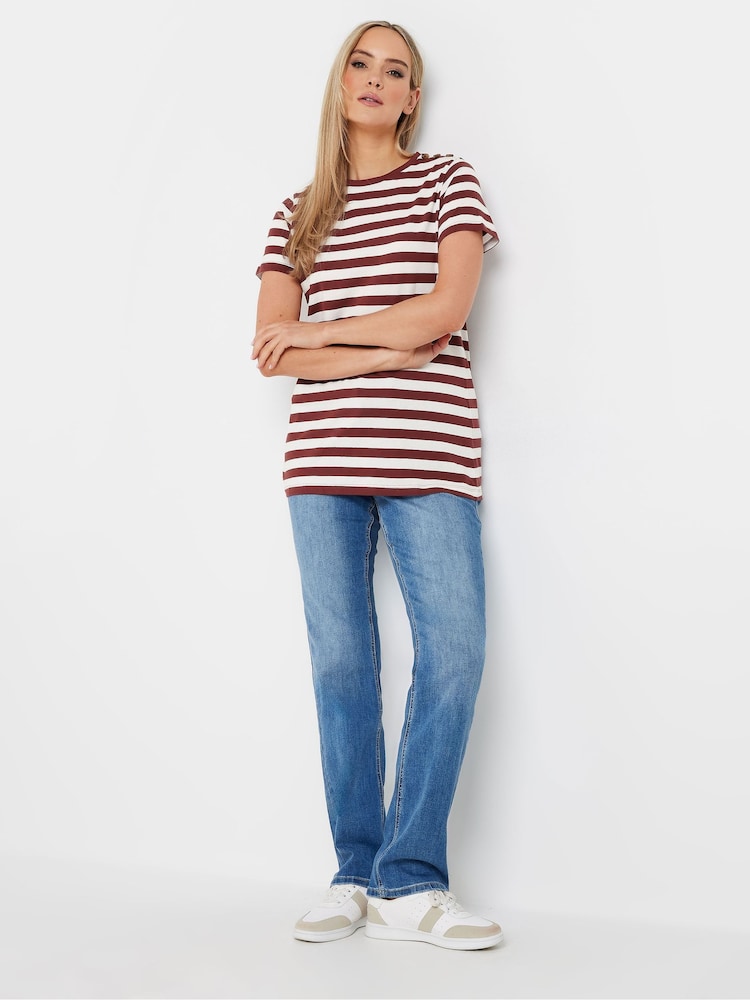 Long Tall Sally Brown Stripe Button Shoulder 100% Cotton T-Shirt - Image 2 of 5
