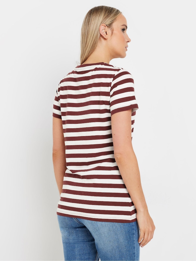 Long Tall Sally Brown Stripe Button Shoulder 100% Cotton T-Shirt - Image 3 of 5