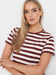 Long Tall Sally Brown Stripe Button Shoulder 100% Cotton T-Shirt - Image 4 of 5