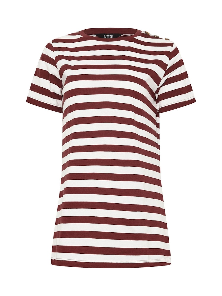 Long Tall Sally Brown Stripe Button Shoulder 100% Cotton T-Shirt - Image 5 of 5
