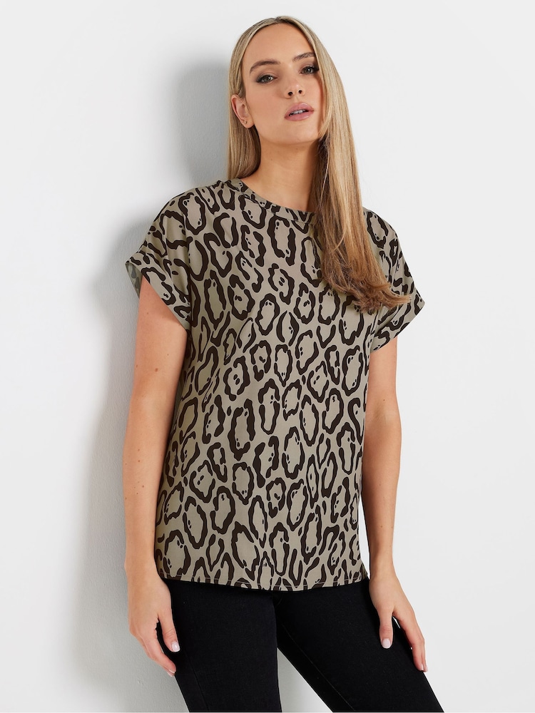 Long Tall Sally Natural Leopard Grown On Sleeve T-Shirt - Image 1 of 5