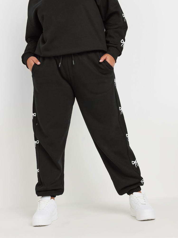 Yours Curve Black Limited Bow Detail Joggers - Image 1 of 5