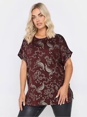 Yours Curve Burgundy Red Paisley Foil Print Top - Image 1 of 5