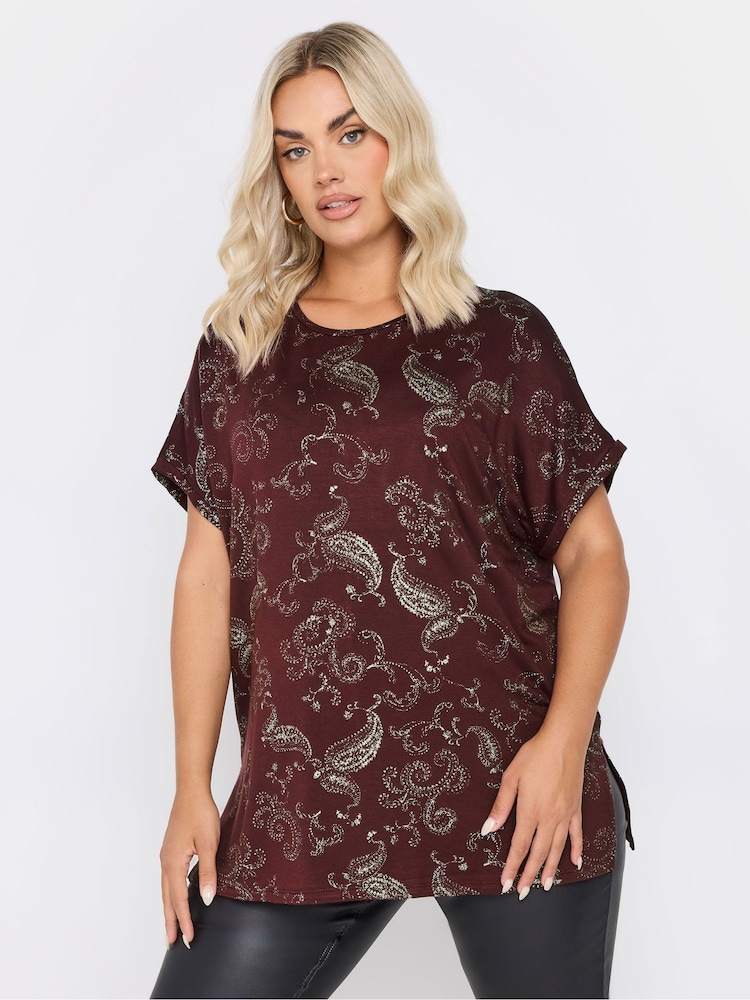 Yours Curve Burgundy Red Paisley Foil Print Top - Image 1 of 5