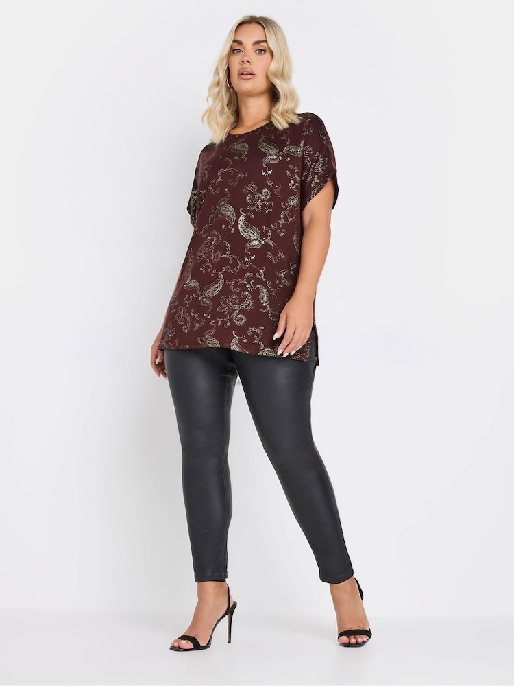 Yours Curve Burgundy Red Paisley Foil Print Top - Image 2 of 5