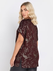 Yours Curve Burgundy Red Paisley Foil Print Top - Image 3 of 5