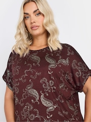 Yours Curve Burgundy Red Paisley Foil Print Top - Image 4 of 5