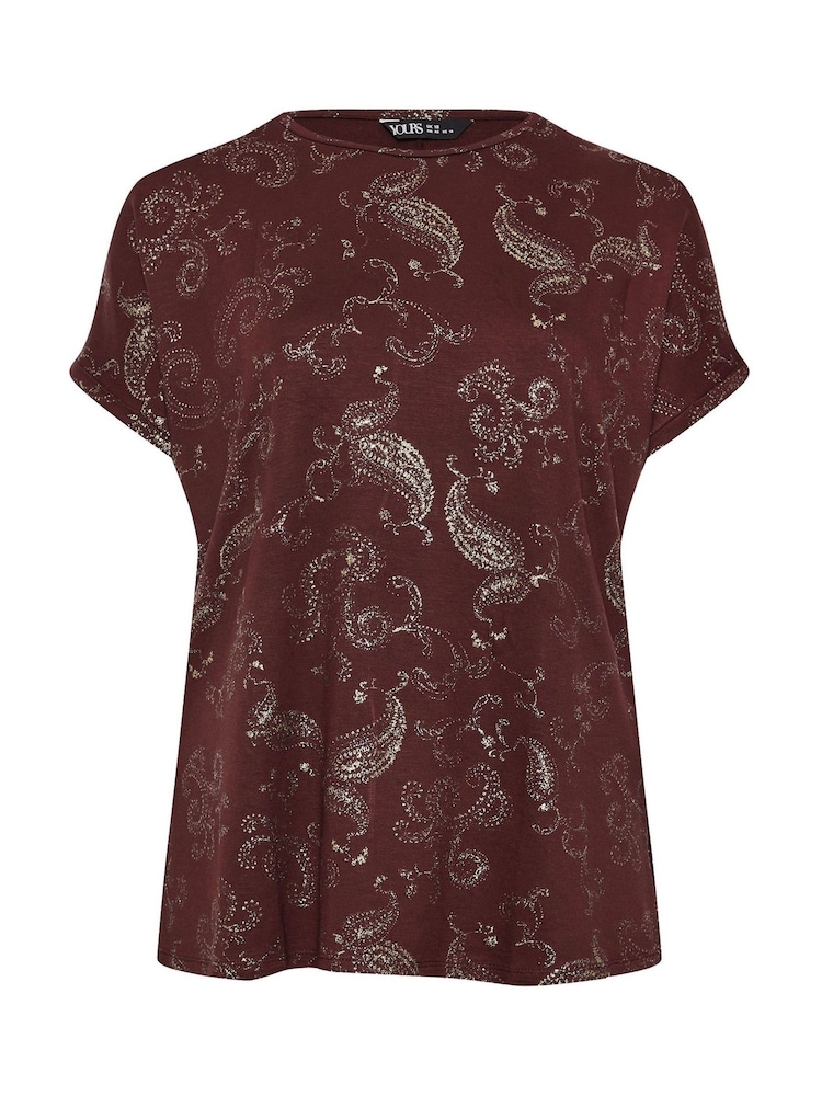 Yours Curve Burgundy Red Paisley Foil Print Top - Image 5 of 5