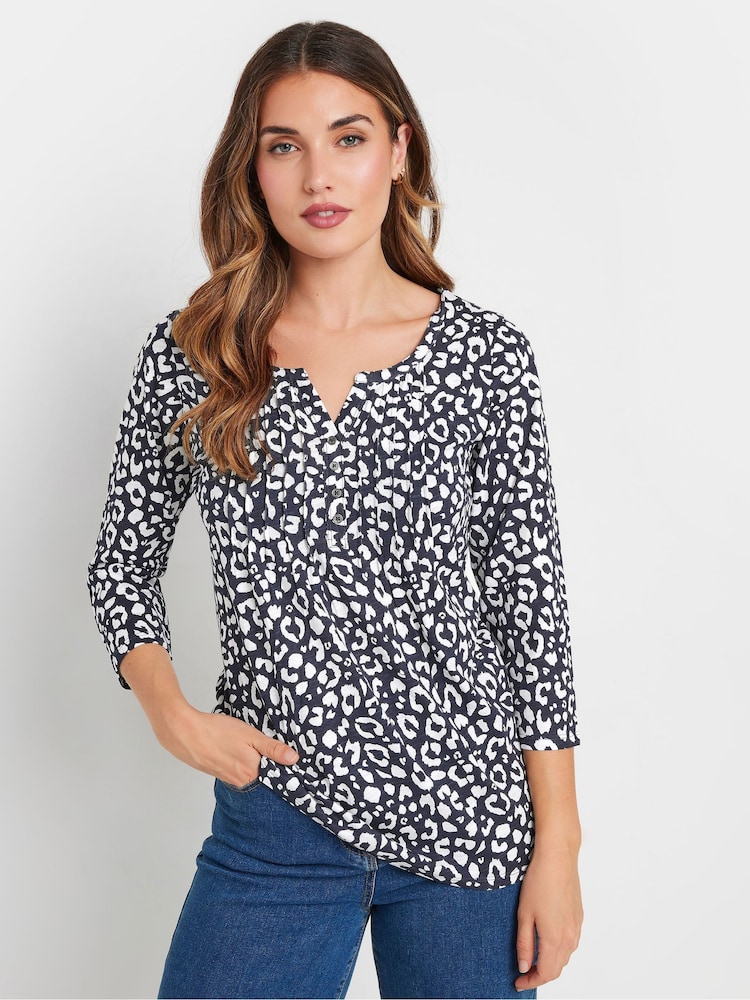 Long Tall Sally Blue Pintuck Henley 100% Cotton Top - Image 1 of 5