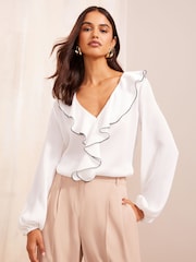 Friends Like These White Long Sleeve Ruffle Front Blouse - Image 1 of 4