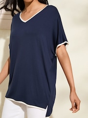 Friends Like These Blue Short Sleeve V Neck Tipped Tunic - Image 1 of 4