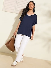 Friends Like These Blue Short Sleeve V Neck Tipped Tunic - Image 2 of 4