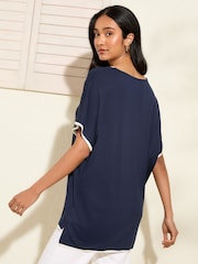 Friends Like These Blue Short Sleeve V Neck Tipped Tunic - Image 3 of 4