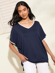 Friends Like These Blue Short Sleeve V Neck Tipped Tunic - Image 4 of 4