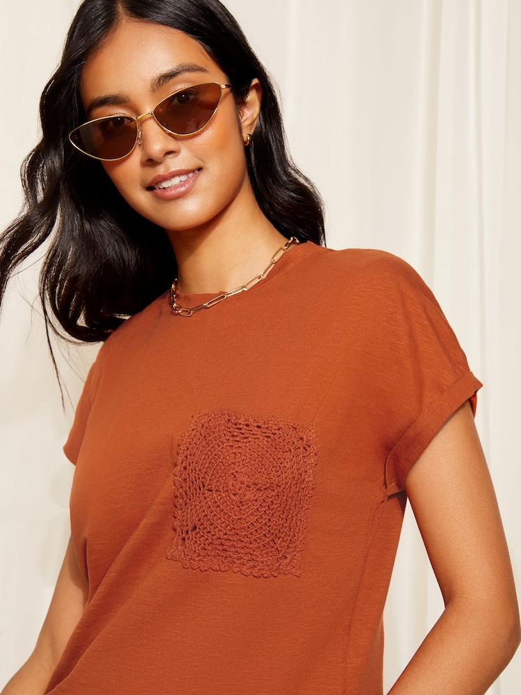 Friends Like These Orange Short Sleeve Crochet Pocket T-Shirt - Image 4 of 4