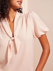 Friends Like These Pale Pink Short Sleeve Bow Front Crepe Blouse - Image 2 of 4