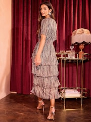 Love & Roses Black Flutter Sleeve Tiered Wrap Midi Dress - Image 4 of 4