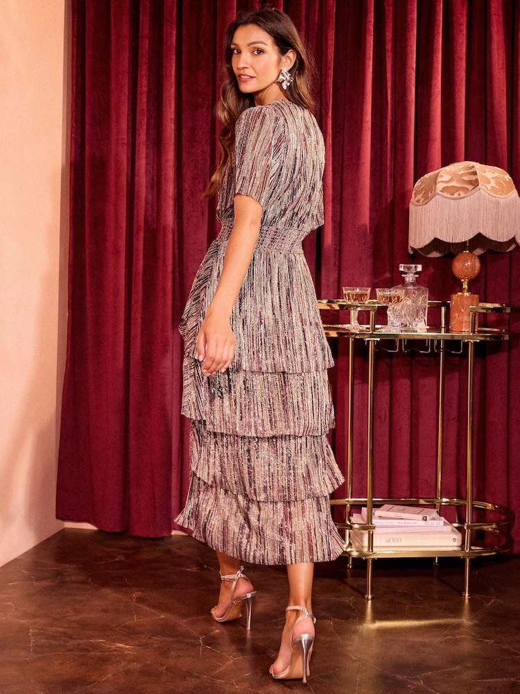 Love & Roses Black Flutter Sleeve Tiered Wrap Midi Dress - Image 4 of 4