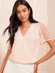 Friends Like These Pink Lace Short Sleeve Wrap Top - Image 1 of 4