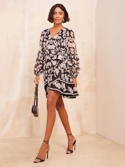 Friends Like These Cream Chiffon Ruffle Wrap Mini Dress - Image 3 of 4