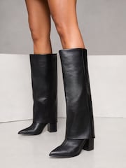 Lipsy Black Block Heel High Leg Fold Over Faux Leather Boots - Image 1 of 4