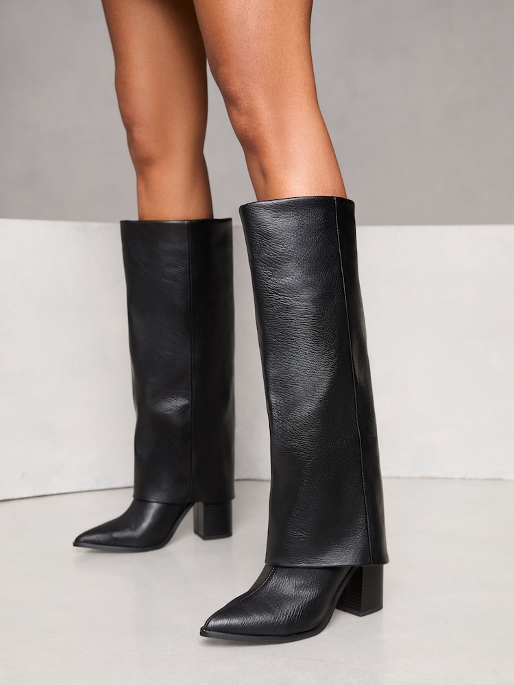 Lipsy Black Block Heel High Leg Fold Over Faux Leather Boots - Image 1 of 4