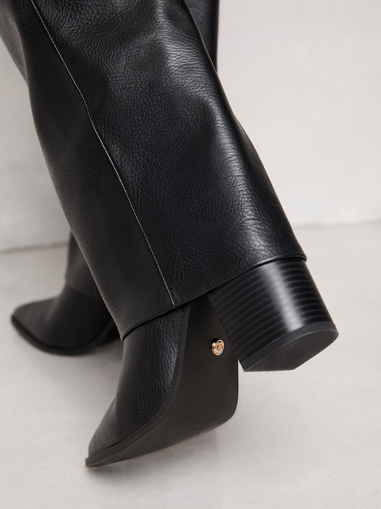Lipsy Black Block Heel High Leg Fold Over Faux Leather Boots - Image 4 of 4