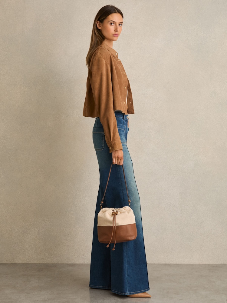 Reiss Neutral Bernie Leather And Canvas Bucket Bag - Image 2 of 5