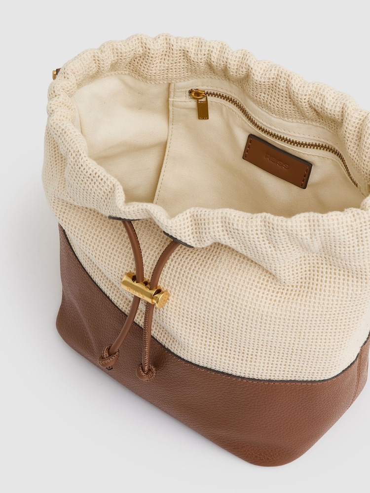 Reiss Neutral Bernie Leather And Canvas Bucket Bag - Image 3 of 5