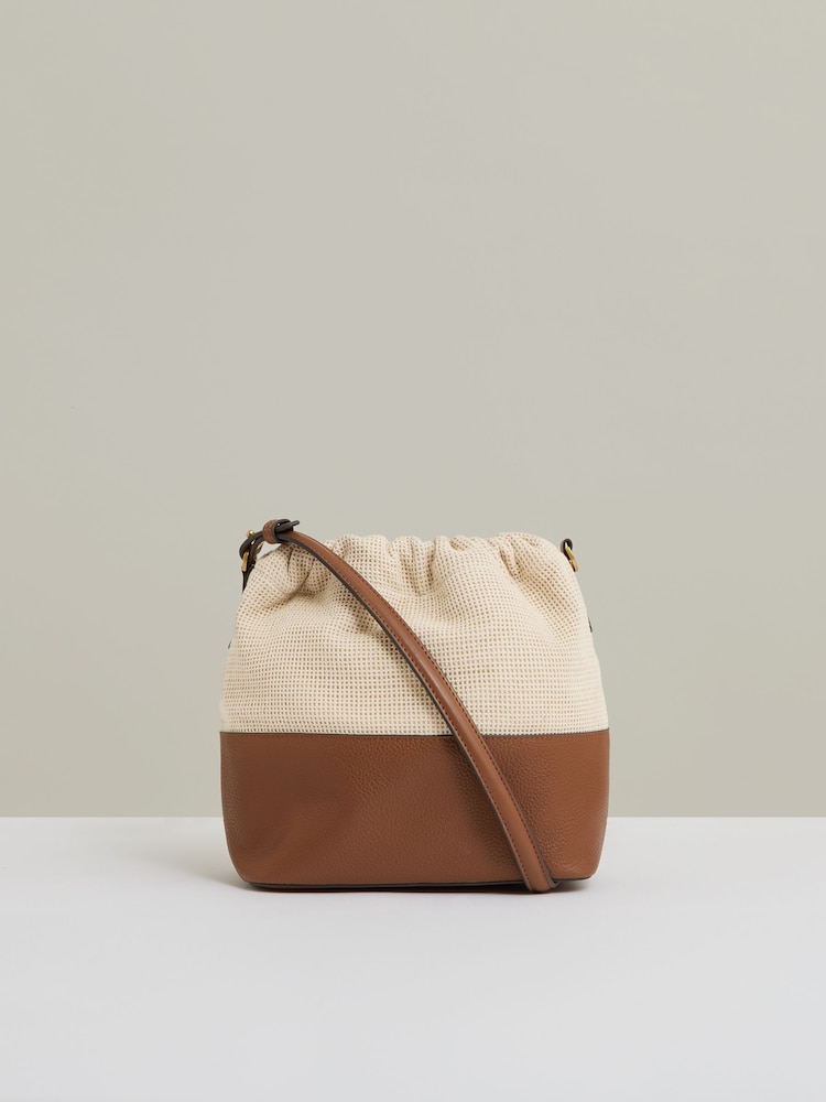 Reiss Neutral Bernie Leather And Canvas Bucket Bag - Image 4 of 5